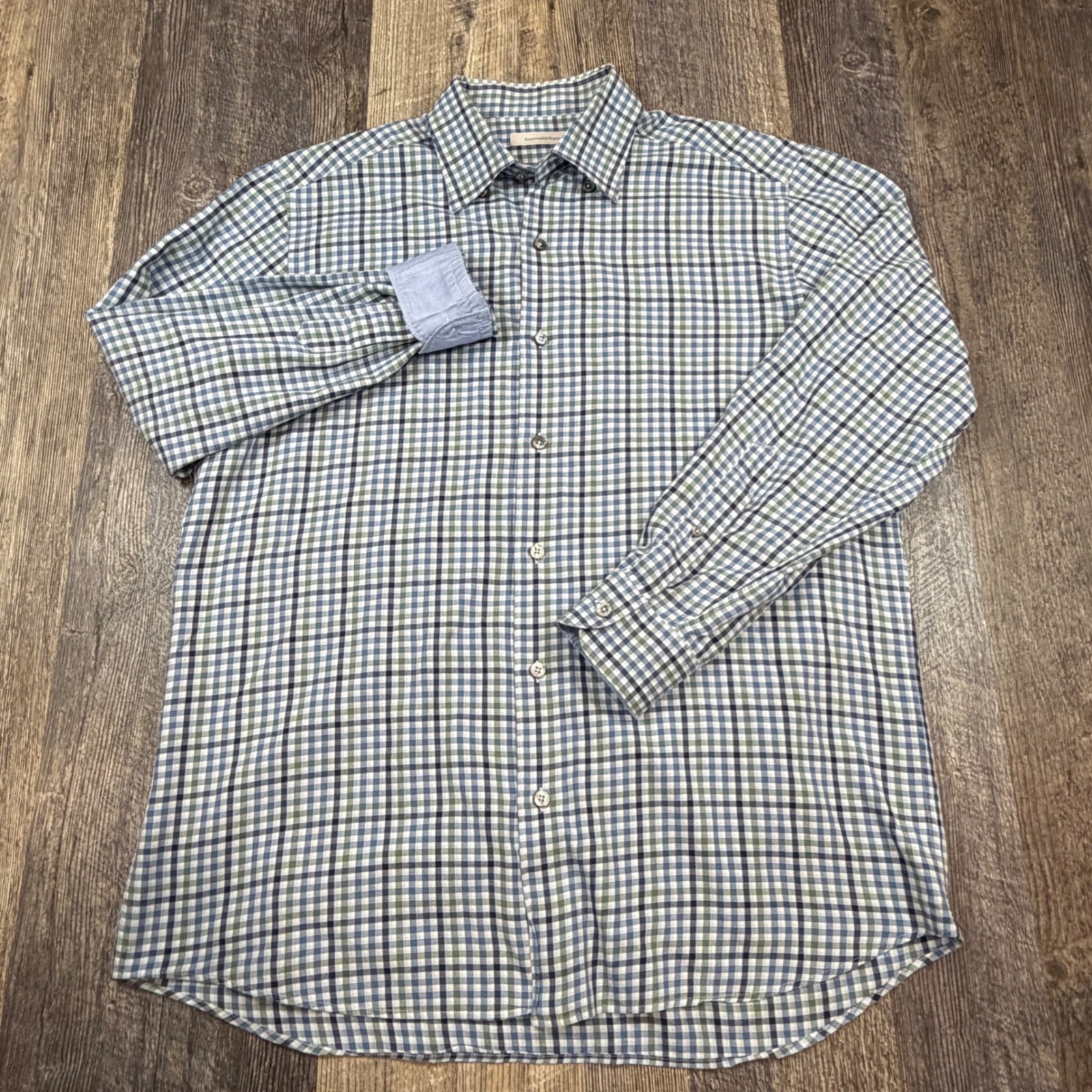 Ermenegildo Zegna Mens L Soft Cotton Button Down Shirt Blue Green Check Italy
